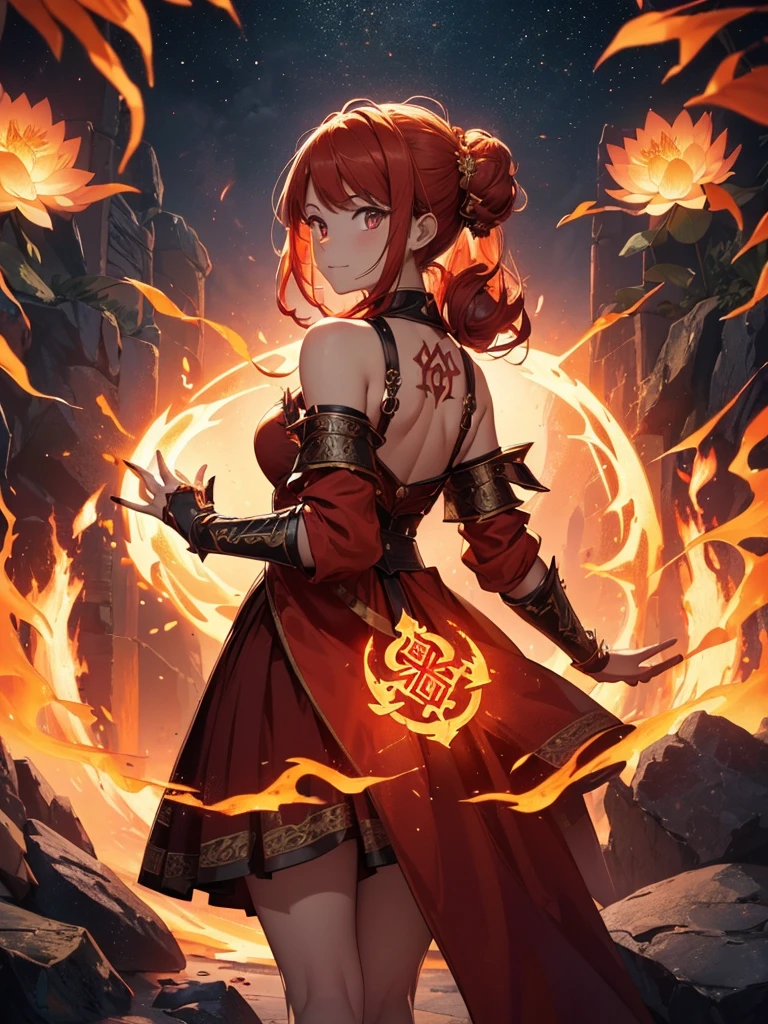 (((best quality, sharp image, clear image, cinematic lighting, 8k resolution, masterpiece, ultra detailed, intricate))) Girl, (((looking over shoulder))), shot from behind, ((half shot)), fire mage, cute, fiery red hair, pigtails in hair, (intricate dress), (white dress), ribbons in hair, smiling, fiery red, ((intricate Portal background)), ((fire magic)), candles, ((glowing runes on skin)), (flame patterns), ((fiery lotus flowers)), busy background., ((fire sigils)), (rock formations), Exploding rock, lavafalls, gauntlets, ((Red rubies)), busy background.