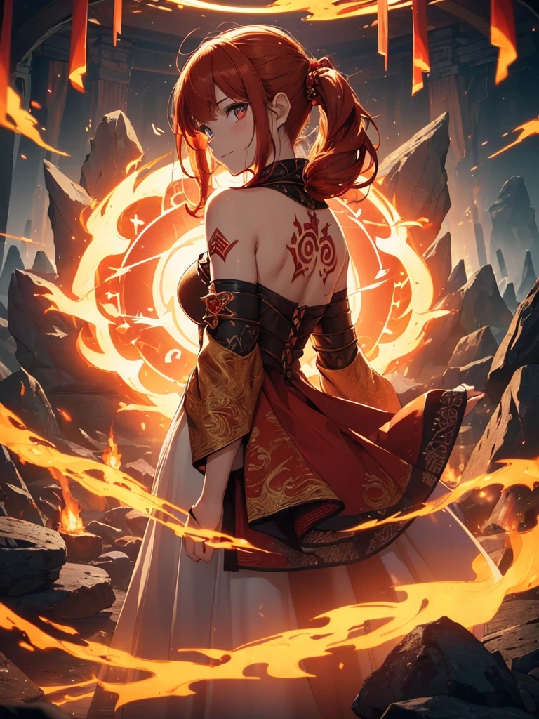 (((best quality, sharp image, clear image, cinematic lighting, 8k resolution, masterpiece, ultra detailed, intricate))) Girl, (((looking over shoulder))), shot from behind, ((half shot)), fire mage, cute, fiery red hair, pigtails in hair, (intricate dress), (white dress), ribbons in hair, smiling, fiery red, ((intricate Portal background)), ((fire magic)), candles, ((glowing runes on skin)), (flame patterns), ((fiery lotus flowers)), busy background., ((fire sigils)), (rock formations), Exploding rock, lavafalls, gauntlets, ((Red rubies)), busy background.