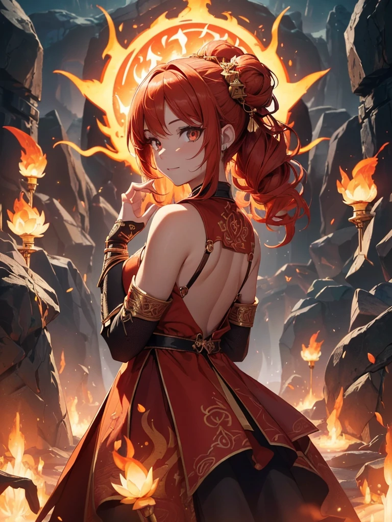 (((best quality, sharp image, clear image, cinematic lighting, 8k resolution, masterpiece, ultra detailed, intricate))) Girl, (((looking over shoulder))), shot from behind, ((half shot)), fire mage, cute, fiery red hair, pigtails in hair, (intricate dress), (white dress), ribbons in hair, smiling, fiery red, ((intricate Portal background)), ((fire magic)), candles, ((glowing runes on skin)), (flame patterns), ((fiery lotus flowers)), busy background., ((fire sigils)), (rock formations), Exploding rock, lavafalls, gauntlets, ((Red rubies)), busy background.