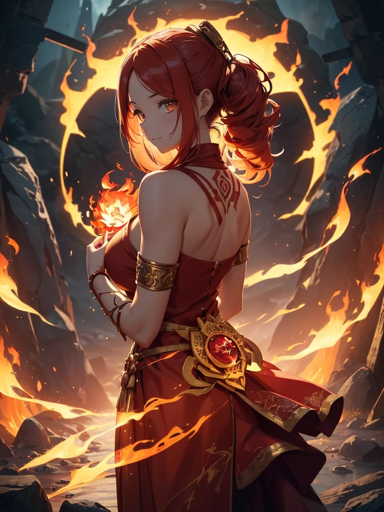 (((best quality, sharp image, clear image, cinematic lighting, 8k resolution, masterpiece, ultra detailed, intricate))) Girl, (((looking over shoulder))), shot from behind, ((half shot)), fire mage, cute, fiery red hair, pigtails in hair, (intricate dress), (white dress), ribbons in hair, smiling, fiery red, ((intricate Portal background)), ((fire magic)), candles, ((glowing runes on skin)), (flame patterns), ((fiery lotus flowers)), busy background., ((fire sigils)), (rock formations), Exploding rock, lavafalls, gauntlets, ((Red rubies)), busy background.