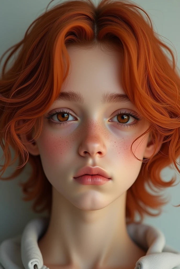 a 15 year old boy with white skin; long, wavy shoulder-length red hair; in 4K in the most realistic way possible!! Make his hair long, the dark brown eyes