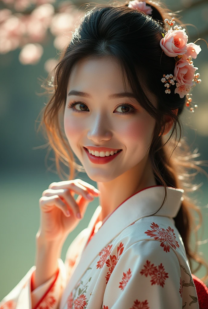 (best quality,highres,ultra-detailed),((portrait )),1beautiful Japanese lady,beautiful detailed eyes,((grin)),beautiful detailed lips,extremely detailed face,longeyelashes,soft smile,flowing hair,natural lighting, wearling japanese elegant Kimono,((Hair up)),((smiling)),