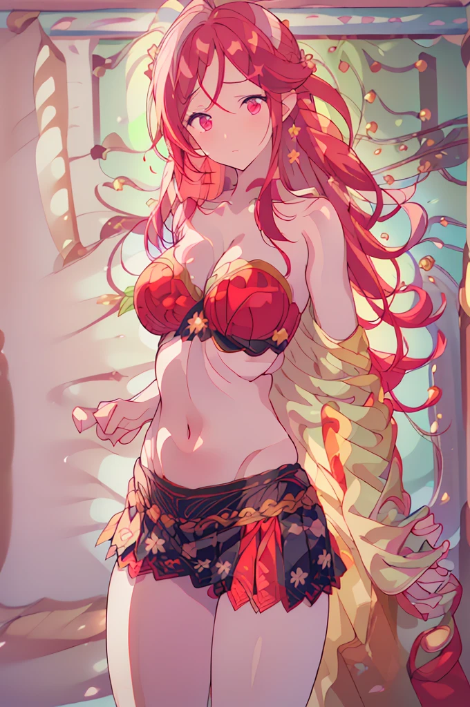 (masterpiece, best quality), best resolution, (2heads:1.5), realisticlying、女の子 1 人、Red-haired, heads side-by-side equally on chest, verd s eyes, radiant eyes, croptop, skinny skirt, Parted lips, red blush, natta, florals, suns, sunlights, huge tits, very beautiful eyes, 