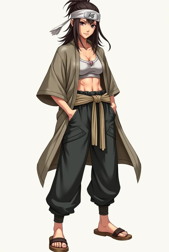 Une fille dans le style naruto.
Elle porte un bandana qui couvre le dessus de sa tête, laissant voir ses cheveux longs et bruns.
Ses yeux sont noirs et elle a un trou visible dans l'un de ses sourcils.
Son visage est assez masculin.
Son haut consiste en des bandages qui lui servent de brassière avec un kimono à manches courtes, ouvert, qui s'arrête à la taille.
Autour de sa taille, elle a une ceinture faite d'une grosse corde nouée.
Elle porte un pantalon très large qui se resserre au niveau de la cheville et des tongs style japonais en bois.
Le résultat doit être vu de la tête au pied