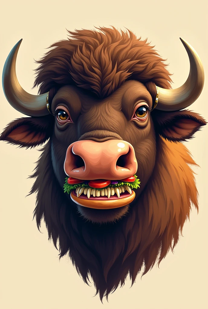 Design the face of an illustrated buffalo with a hamburger in the middle of its mouth and only the front face showing the teeth and the face being frontal