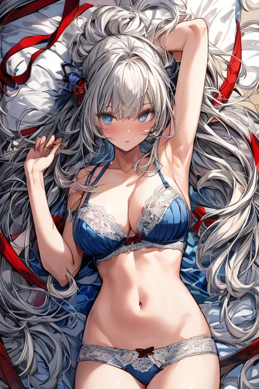 （Enrich the picture，Masterpiece level quality）Beautiful 8K CG artwork,1girl,solo,morgan le fay (fate),detailed face, perfect face, perfect eyes,blue eyes,Long Hair, pony tail,Very long hair, big boob, black bow,Hair Bow, thights,side locks, French braid, grey hair,Goddess-like posture,Kneeling exercise,Slim and soft,Translucent skin,big breasts,dangerous beast,