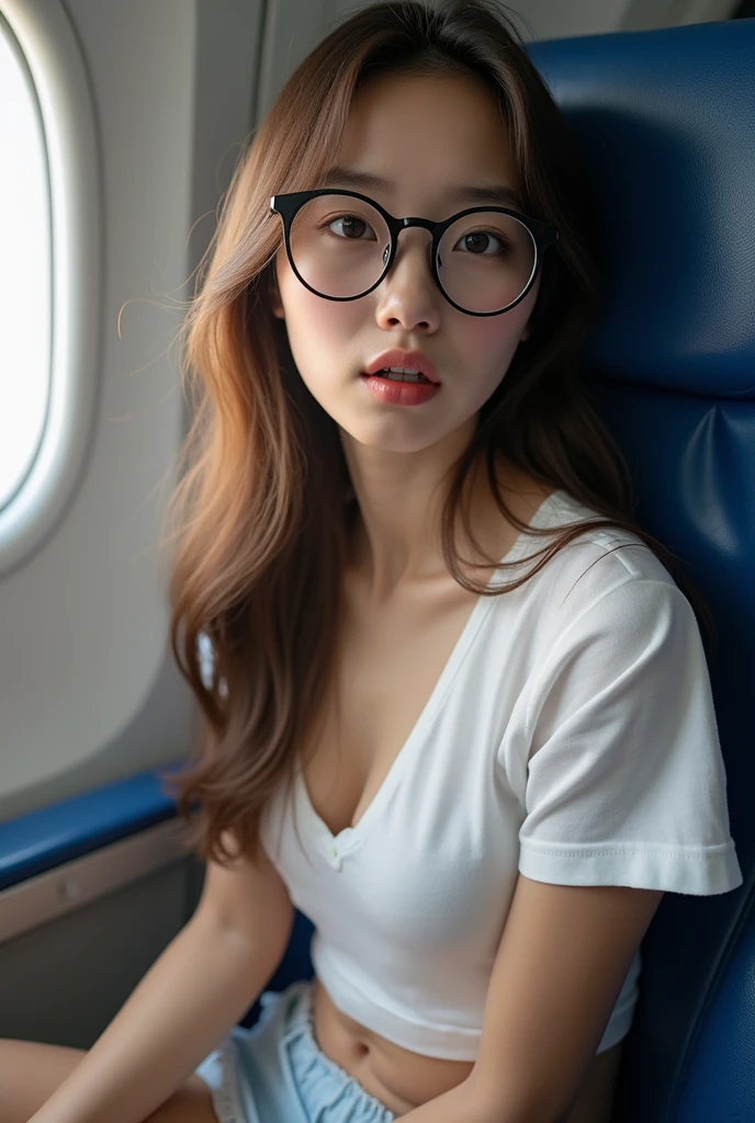 ((best quality, 8K, NFSW, masterpiece: 1.3)), beautiful girl, pure, melon face, kind and cute, pleading eyes, open mouth, bite her own lips, pure desire, slender body, (front), (tilted head), long brown wavy hair, windy hair, long flowing shoulders, round black brown eyes, clear big eyes, black round glasses, moist red lips, sweet, sitting on a blue plane seat, open mouth, pleading eyes, ((((whole body:1.3)))), sexy slender legs, small breast, lift your own miniskirt, ((small breasts:1.5)), ((slim muscular body)), open legs, ((lifting you own skirt:1.5)), wearing white shortsleeve open shirt and blue miniskirt, show white lacy panties, tilted head, ((focus on her sexy legs:1.4)), ((shot from below:1.5)), backlighting, panties down, (masturbation:1.5)