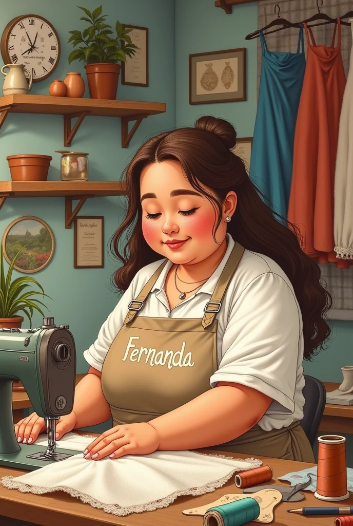 Drawing of a chubby Brazilian woman seamstress in the studio, white, with long, loose, brown straight hair and small eyes. Wearing an apron with the name Fernanda.
