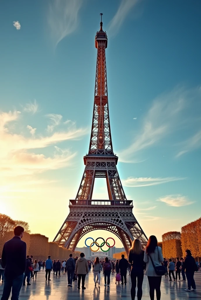 The image shows the Eiffel Tower in Paris, France. The tower is the focal point of the image, with its distinctive spire and intricate details. The sky is a beautiful blue with a few wispy clouds, and the sun is setting in the background, casting a warm glow over the scene.

In the foreground, there is a group of people standing in front of the tower, admiring the view. They are all wearing casual clothes and carrying bags, suggesting that they are tourists. In the center of the photo, there are several Olympic rings, which are a symbol of the Olympic Games. The rings are arranged in a circular pattern, with the largest ring in the center and the smaller ones on either side. The image conveys a sense of excitement and anticipation for the upcoming Olympics.