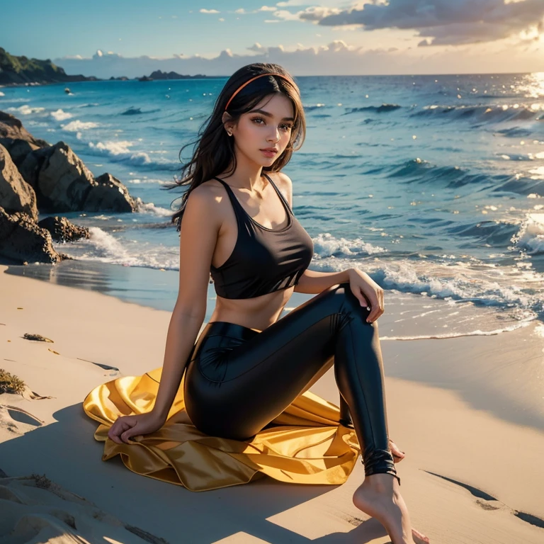 Top Quality, Masterpiece, High Resolution, 8k, (((cute skinny barely legal girl in oversized silk blouse and wetlook leggings, bare belly, wide neckline, deep neckline, small perky breasts, beautiful detailed eyes, beautiful detailed lips, small closed mouth, extremely detailed face, long ponytail hair, small hips))), moody atmosphere, intricate details, at night, backlit, full body shot, view from distance, ((rear view)), ((standing on the beach:1.3)), ((short haircut)), (( beautiful sunset))