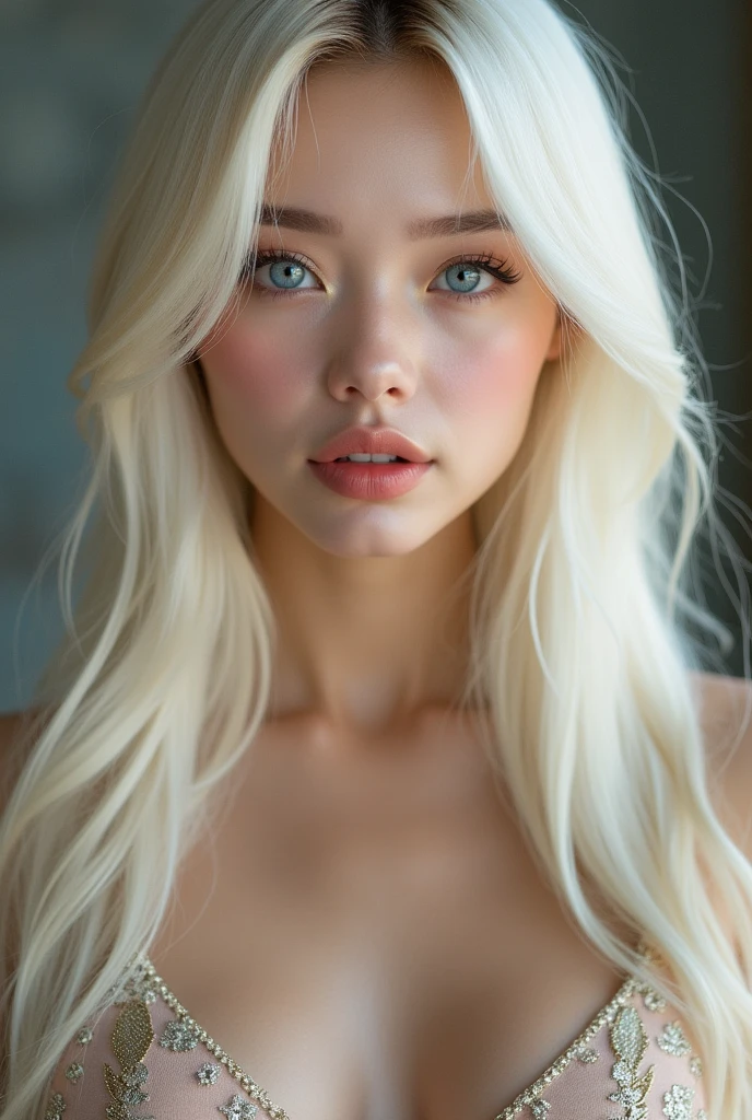(a closeup:1.4)、(RAW shooting:1.2)、(Photorealsitic:1.4)、(masterpiece:1.3)、(top-quality:1.4)、bright expression、extremely beautyful girl、Extraordinary beautiful girl、Detailed cute and beautiful face、Beautiful bangs、Glowing white shiny skin、facial hairs、Bangs that extend to the face、Bangs between the eyes、Super long hair、Attractive light and dark platinum blonde super long straight silky hainer hair、Attractive glowing beautiful bright clear light blue big eyes、Luxurious dresses、Double eyelids、Lush bust、The upper part of the body、