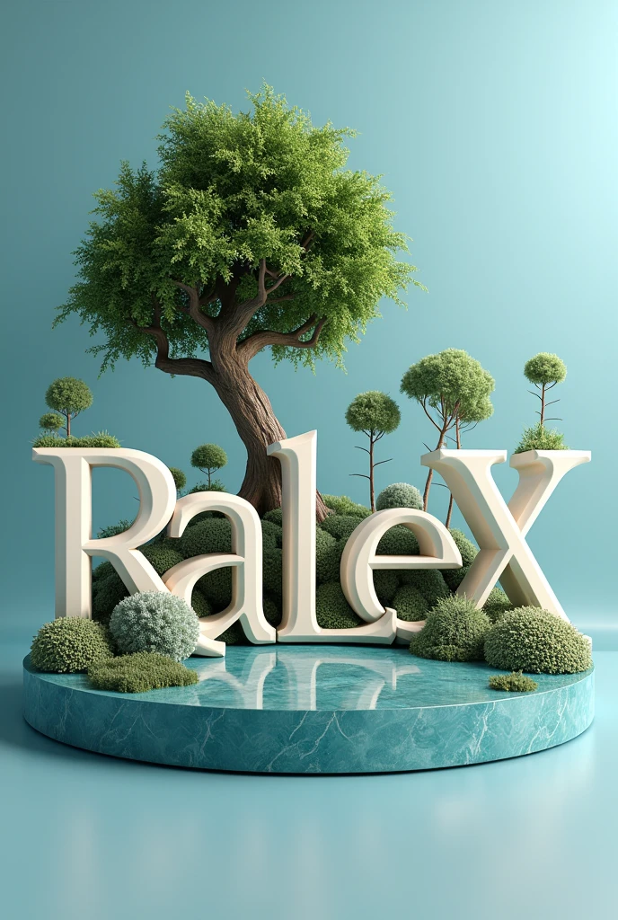 A captivating and sleek 3D illustration portraying the name "RaLeX" in a elegant Italian font, with the letters "R" and "L" prominently highlighted. The name symbolizes the field of medicine, with the letter "L" representing the heartbeat of healthcare. The design seamlessly integrates a tree and natural environment, signifying the life-giving nature of the medical profession. The contemporary style of this 3D render features exceptional detailing, making it an ideal choice for a medical student or professional., 3d render, illustration