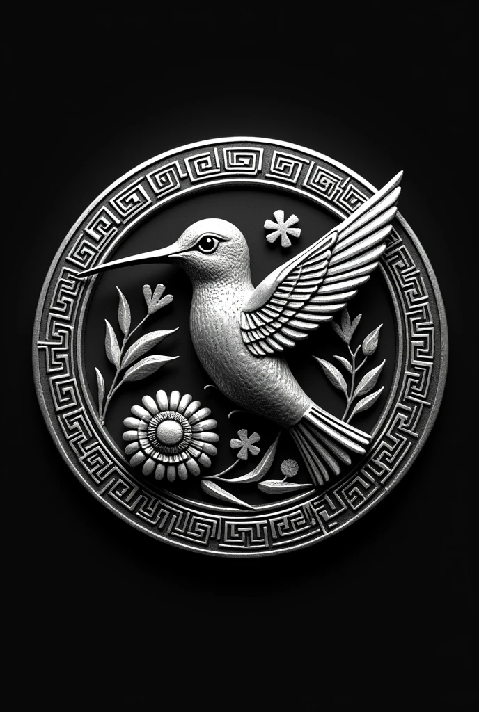 Round medal of a Mictlan hummingbird with Aztec culture motifs and a marigold flower under its beak and wings, all in silver and a black background, and that says RETO MONTERO 2024