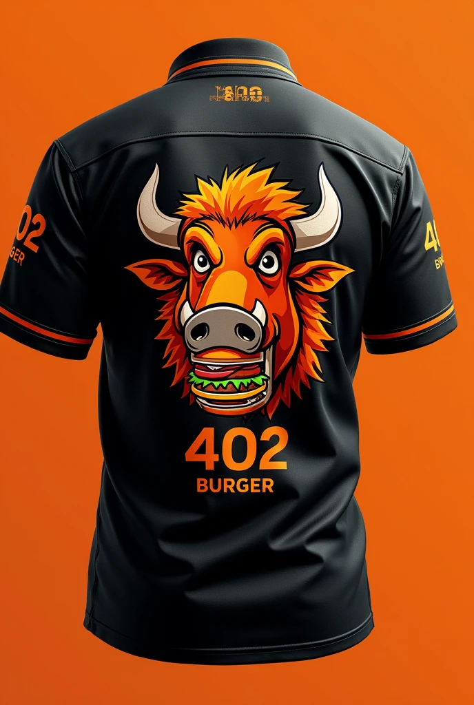 Design a uniform for my burger restaurant called 402 BURGER in black and orange, with the head of an animated buffalo or wild boar printed on the back of the shirt biting into a hamburger in a fun way and on the front our 402 BURGER logo