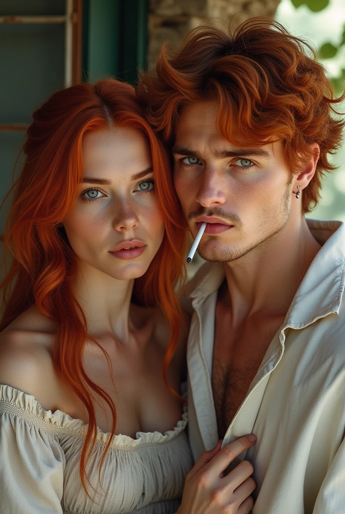 Red-haired Greek woman with dark blue eyes and her red-haired Greek brother with blue eyes smoking