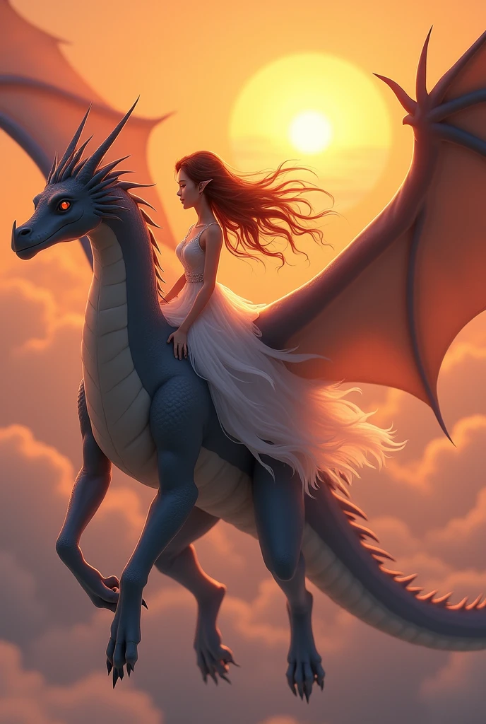 anime style: Brown haired woman, with a white dress, riding a pretty grey dragon with outstretched wings, flying in front of the orange sun