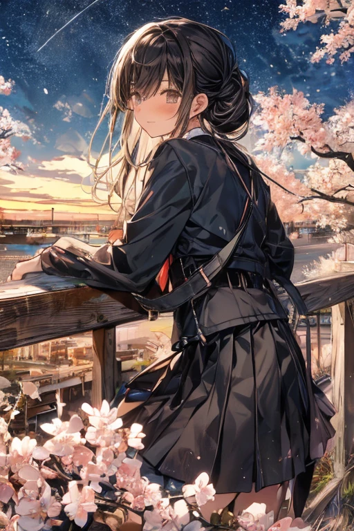 best quality, 1girl, solo, (suou yuki), __posture__, long hair, black hair, half updo, bangs, hair between eyes, brown eyes, school uniform, grey jacket, jacket, white shirt, shirt, long sleeves, black dress, pleated dress, dress, pleated skirt, skirt, red bowtie, bowtie, kneehighs, black socks, socks, loafers, middle breasts, breasts, cowboy shot, __looking__, __expression__, __background__. __posture__：standing\nstanding\n(contrapposto:1.1)\n(contrapposto:1.2)\n(sitting:1.1)\n(sitting:1.2)
__looking__：looking_at_viewer\nlooking_at_viewer\nlooking_at_viewer\nlooking_at_viewer\nlooking_back
__expression__：smile/nsmile/nsmile/nsmile, open_mouth/nsmile, closed_eyes/nopen_mouth/nshy/nlaughing/nangry/nevil/nlonely/ncrying
__background__：outdoors, starry sky, night sky, sunset\nnight, night sky, cloudy sky, meteor, planet, cloud, star (sky), (starry sky:1.2)\n(outdoors), day, blue sky, cloud, nature, tree\noutdoors, day, blue sky, cloud, water\noutdoors, day, grass\ncherry blossoms, tree, outdoors, shooting star, petals, cloud\noutdoors, city, cityscape, scenery, building
