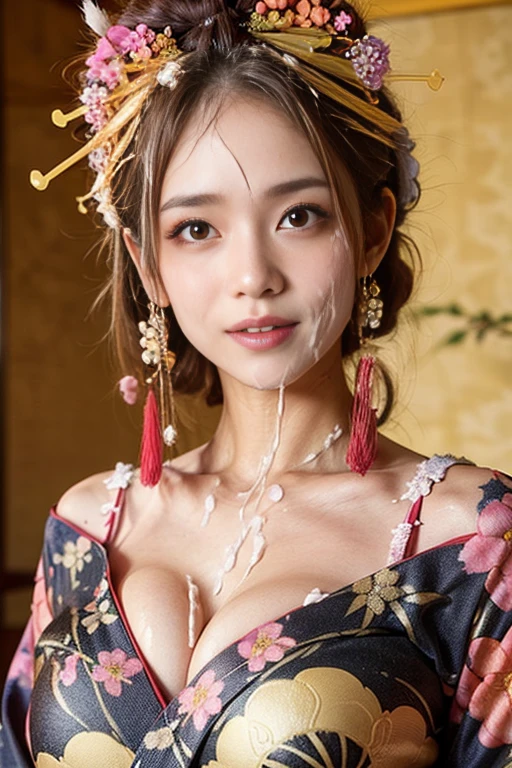 (one young girl), very cute face, wonderful face and eyes, (highly detailed eyes, highly detailed face), Fresh, very beautiful appearance, (Ultra-realistic, High resolution), (highest quality:1.4), RAW photo, (realistic, Photoreal:1.37), professional photography, (floral pattern yukata:1.5), (Open yukata), (cleavage:1.2), (bare shoulders), smile a little, (look at me), Bedroom, girl portrait,
high quality, detailed,(lots of cum on her face and breast cleavage:1.6)