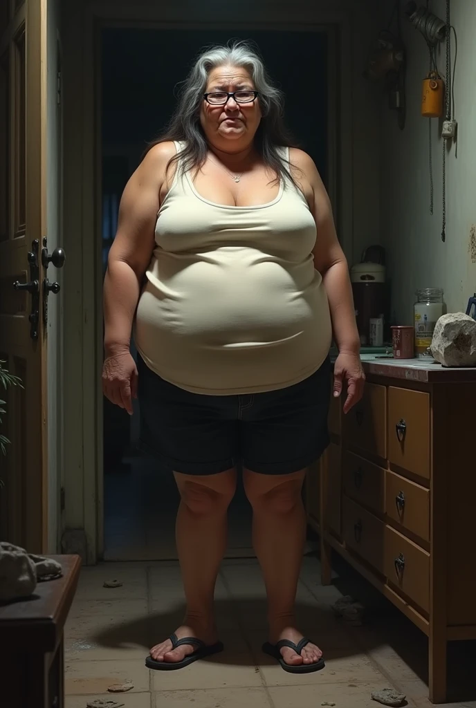 An elderly woman aged 65, with an easy, suffering expression and strong features, with an obese body weighing 70 kilos, 160 centimeters tall, thick legs and very large, saggy breasts, with long black hair. She is wearing thick-framed prescription glasses., a short skirt measuring 20 centimeters, a low-cut tank top and flip-flops. She is seen in full body standing in a humble room at night with the lighting low..
