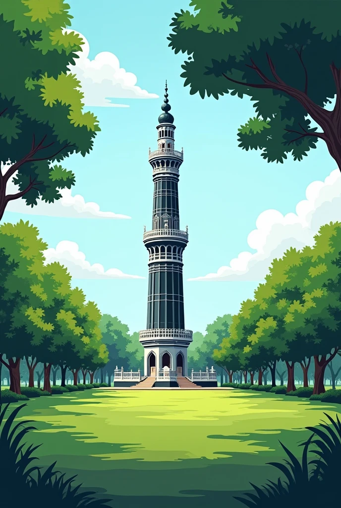 A painting painted by a beginner artist of beautiful green background with a black coloured Minar e Pakistan aesthetic 