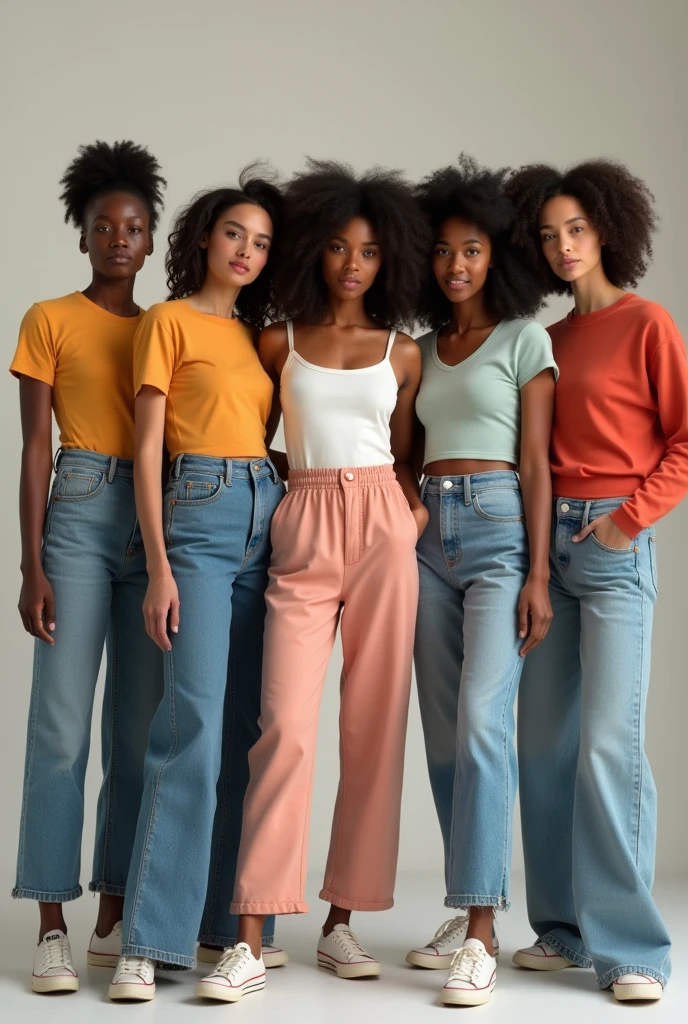 group of women modeling casual clothing, Each of them must be of a different race and texture.