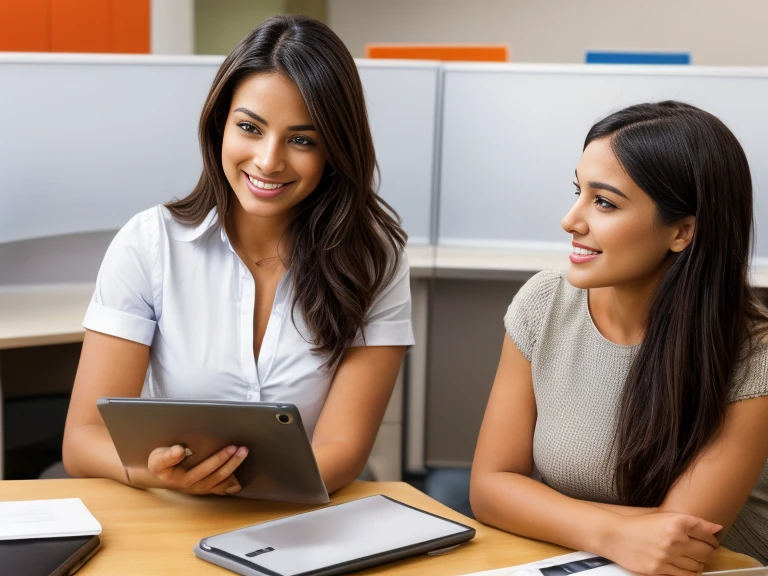 In a nice office with cubicles there are two people, an attractive woman looking at ipad smiling, Beautiful Latin Woman, and an attractive man talking to the woman, They are sitting next to each other in their offices.