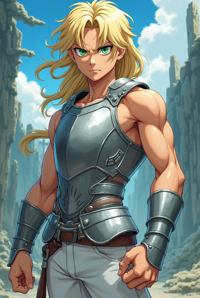 fair-skinned male, youthful appearance, greeneyes, angry look, blonde hair long, wearing a white tank top, wearing white pants, wearing silver chest armor, Knights of the Zodiac style, anime styling, Full-body image 