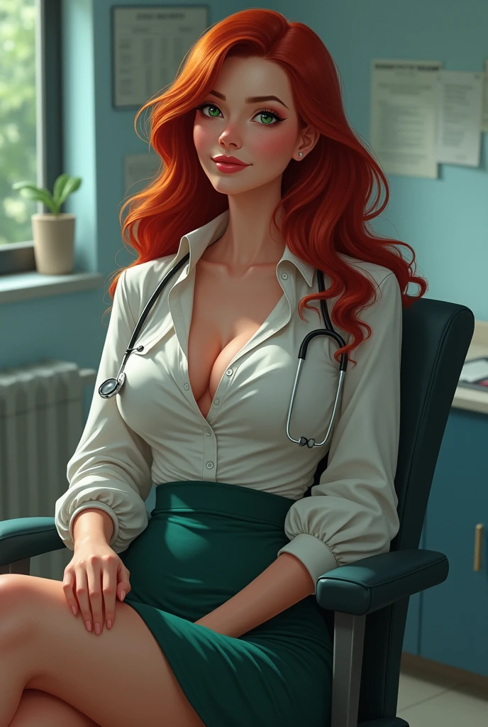 sexy long red head green eyes big breasts cleavage shirt skirt medical doctor woman caring full body viewing sitting sexy big ass leg on leg listening smiling pretty