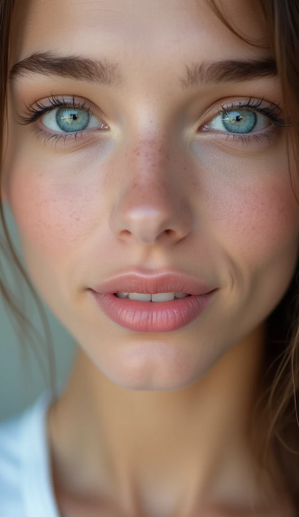 that of a beautiful woman with beautiful blue eyes and perfect white skin, smooth skin without marks, beautiful and perfect and very thick with full and perfect lips, appearing to have a delicate, physiognomy and innocent