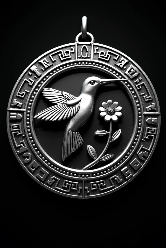 Skull-shaped medal with a Mictlan hummingbird with Aztec culture motifs and a marigold flower under its beak and wings, all in silver and a black background.