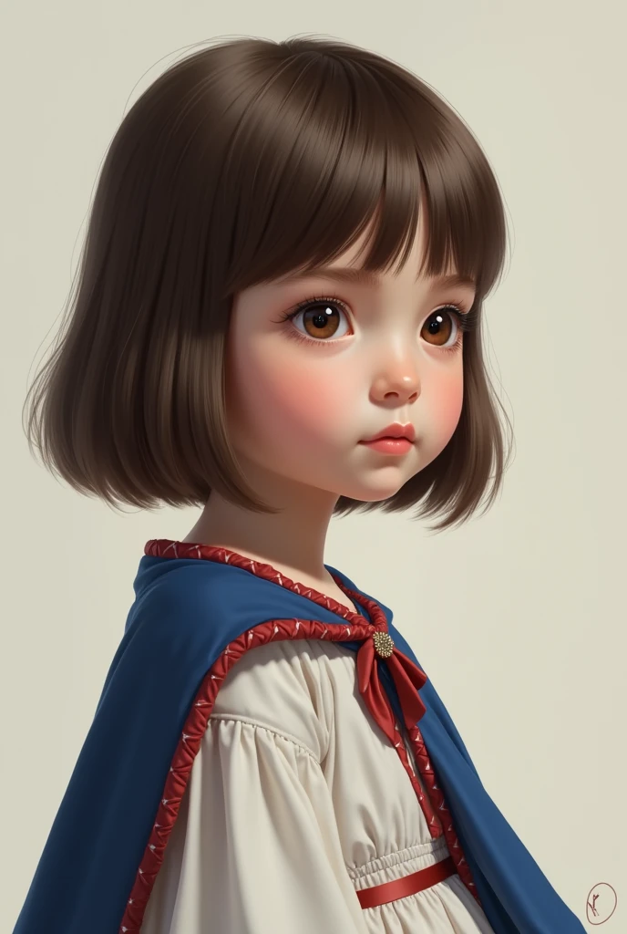-year-girl h white skin , profiled face, big brown eyes , Loose straight brown hair, shoulder length , dressed in a white amphon dress and an open royal blue cape with red edges