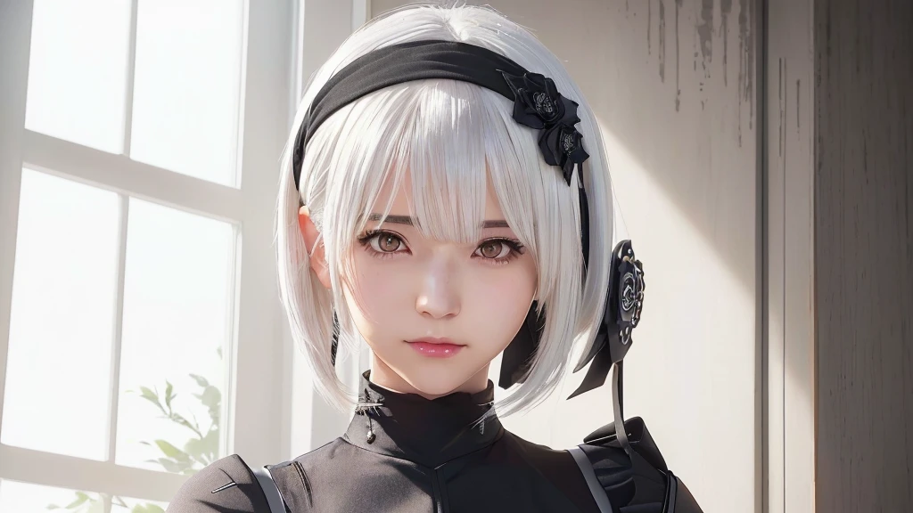 anime girl with a black dress and a white headband, girl with short white hair, from girls frontline, fine details. girls frontline, girls frontline style, girl with white hair, detailed portrait of anime girl, with short bobbed white hair, portrait of an anime girl, 2b nier automata, female anime character, realistic young anime girl, girls frontline universe