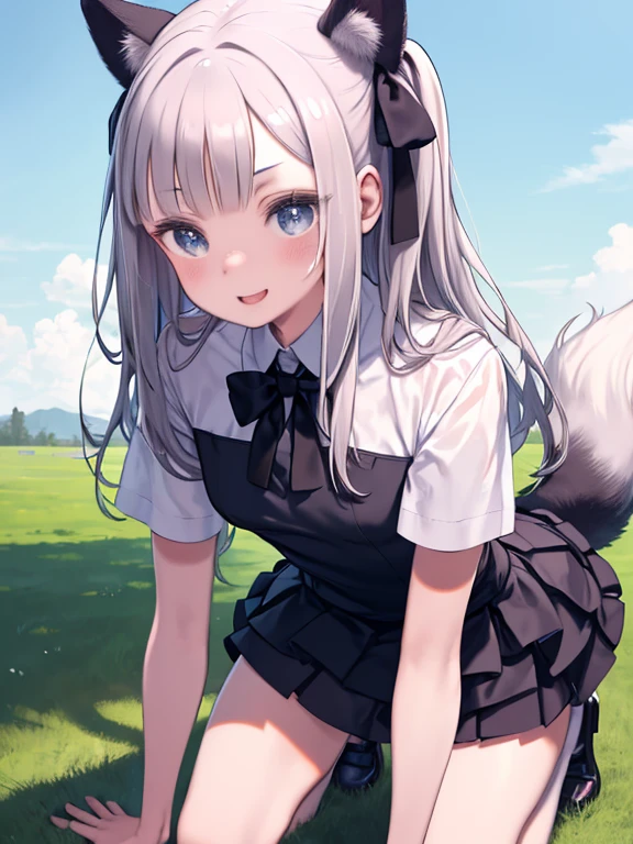 masterpiece, Highest quality, High resolution, POI 3, Long Hair, Animal Hands:2.0, Black Skirt, 赤いtie, Seraph of the Black, Black Ribbon, Wolf's tail, Hair Ribbon, Animal Food, Cowboy Shot, smile, On all fours, Field,Natural volumetric light and optimal shadows，Depth of written boundary，Get into sharp focus，Portrait of a very beautiful girl，柔らかくてdelicate, Beautiful and attractive face，attractive brownish-orange eyes，Nice small breasts，Thick mascara，Sharp eyeliner，Open your mouth，Empty white hair blown by the wind，thick layered long hairstyle，Blush eyeshadow and thick eyelashes，Lips parted，Sweat，（Sheer school dress shirt with buttons：1.1），Short sleeve，Layered skirt，tie，White socks，summer heat wave，（Highest quality，Stunning details：1.4），Dramatic，Ray Tracing，Picturesque，Vivid and colorful paintings、Volumetric Lighting, Best Shadow, 浅いDepth of written boundary, delicate, Beautiful and attractive face, attractive piercing blue eyes, Sharp eyebrows, Nice medium-breasted,Have fun，very happy，smile