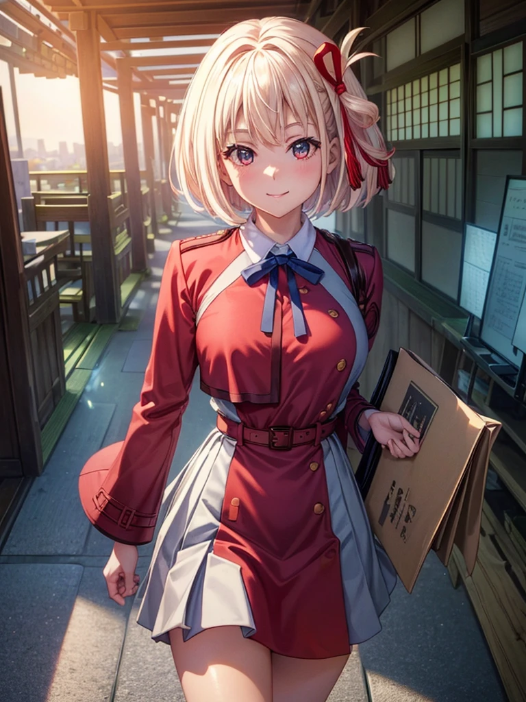 masterpiece, illustration, 8K, best quality, (((Chisato Nishikigi))),big breasts, ribbon,red_eyes,blond hair,short hair, hair _ribbon,, (lycoris uniform, two-tone dress, grey dress, pleated dress, belt, Red belt, neck ribbon, blue ribbon, long sleeves,) smile,bishoujo,beautiful detailed hair,beautiful detailed eyes,beautiful detailed skin,glistening shiny sparkling skin,4d cinema, unreal engine,depth of field, illustration,amazing、(((Kyoto Animation style drawing)))