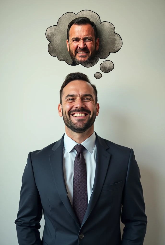 
1. **fund**: Use a simple background, like a clear wall, to highlight the figure.

2. **persona**: Draw a figure of a person in a front position.

3. **muka**: The other side must show a fake smile, with eyes perhaps a little forced to give the idea that it is not sincere.

4. **thought balloon**: above the person's head, draw a thought bubble. Inside the balloon, put the face with the angry expression, as if it were what the person was really thinking.

5. **Colors and Details**: Use contrasting colors for facial expressions and add details like sweat or veins on the angry side to emphasize the emotion..

6.**Gender**: has to be a man