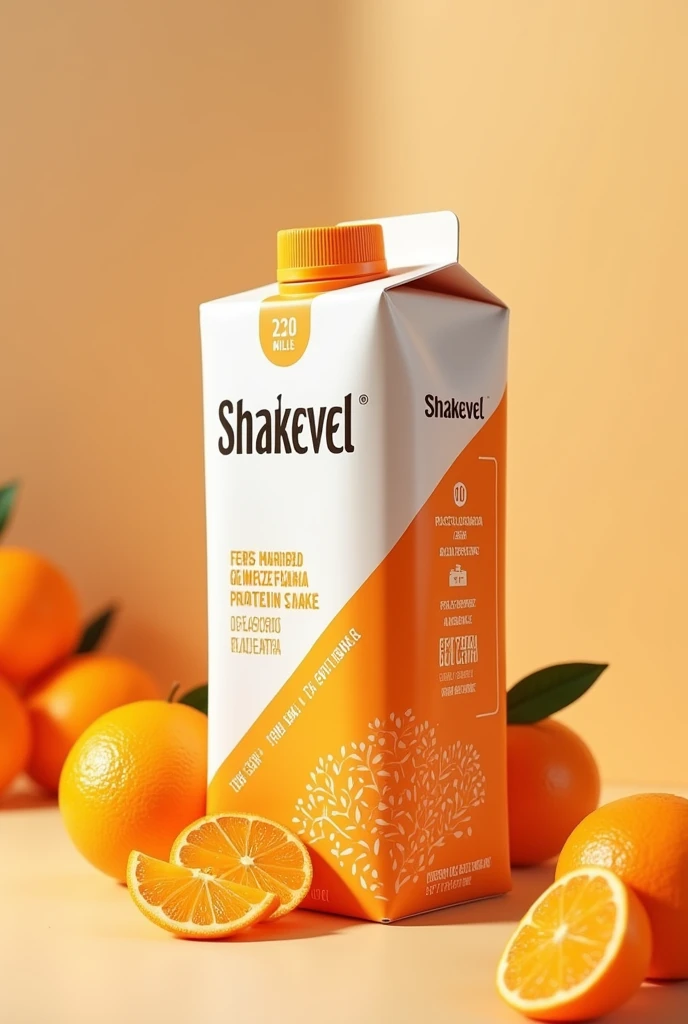 I need an orange protein shake, in the name "shakevel", in a box, with light orange and dark orange details, an orange tree in the package, I want the entire label in Portuguese, with information that it is zero added sugar, zero lactose, zero added fat, 100% protein, it has to have 230 ML, with lid to drink straight from the box, and all information in Portuguese - Brazil.