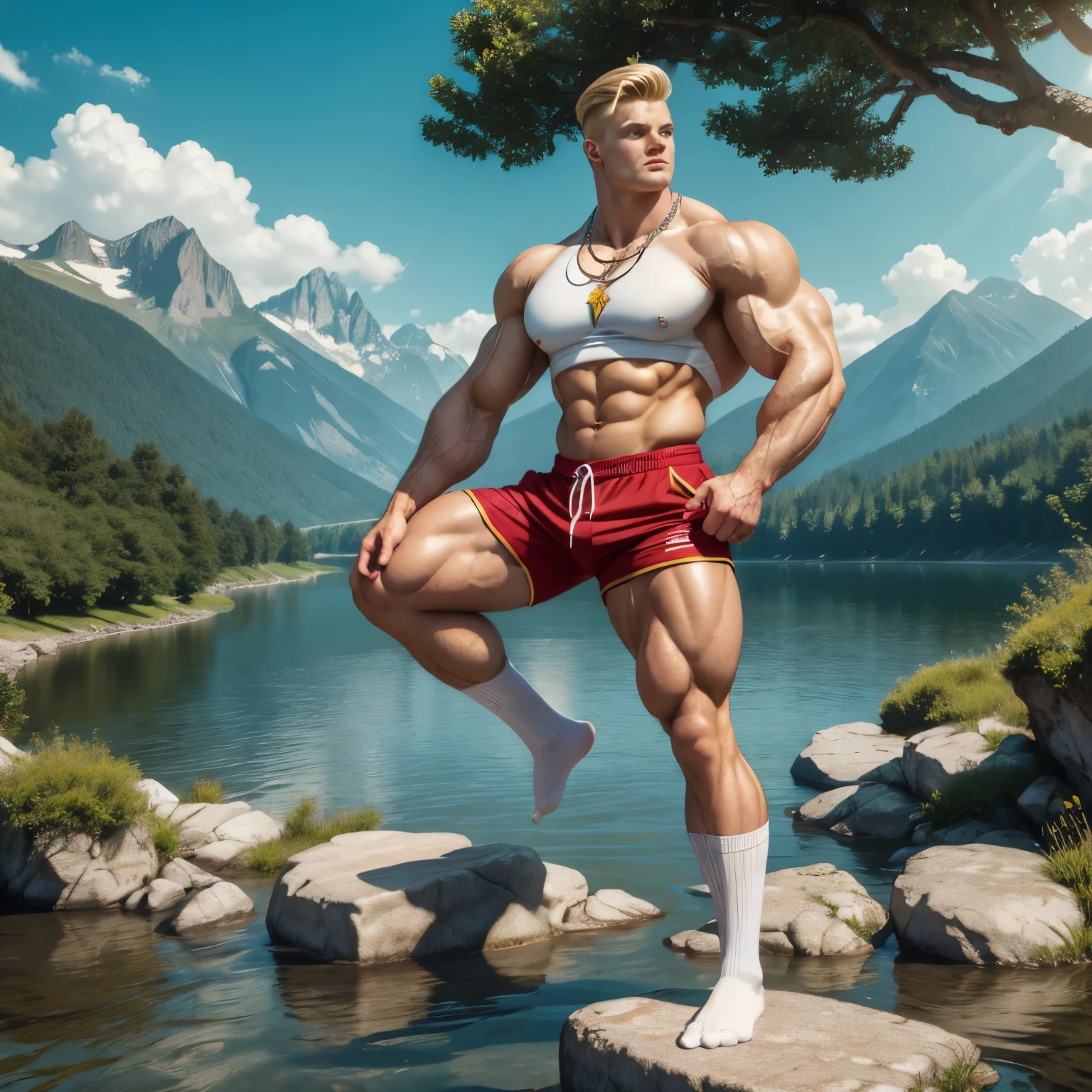 full view full body, realistic photo, blonde over-muscular super-hero young male Flash Gordon with blue eyes, preppy undercut haircut, white lycra crop-top, red shorts, in long white filthy sport socks , No Shoes, golden chains, necklaces, He rests in his white stained socks on the banks of a river framed by mountains covered with virgin forests, he admires some multicolored exotic birds flying above the water.showing off socked feet. His flying skateboard is placed nearby