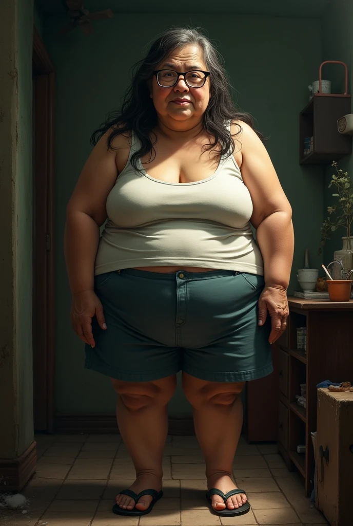 An elderly woman aged 65, with an easy, suffering expression and strong features, with an obese body weighing 70 kilos, 160 centimeters tall, thick legs and very large, saggy breasts, with long black hair. She is wearing thick-framed prescription glasses., a short skirt just 20 centimeters long, a low-cut tank top and flip-flops. She is seen in full body standing in a humble room at night with the lighting low..