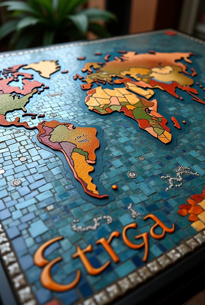 Iron table top mosaics world map calligraphy letters ERGA,  artistic style