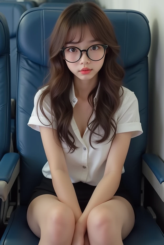 ((hyper realistic, real photo, best quality, 8K, NFSW, masterpiece: 1.3)), beautiful girl, pure, melon face, kind and cute, pleading eyes, open mouth, bite her own lips, pure desire, slender body, (front), (tilted head), long brown wavy hair, windy hair, long flowing shoulders, round black brown eyes, clear big eyes, black round glasses, moist red lips, sweet, sitting on a blue plane seat, open mouth, pleading eyes, ((((whole body:1.3)))), sexy slender legs, small breast, lift your own miniskirt, ((small breasts:1.5)), ((slim muscular body)), open legs, ((lifting you own skirt:1.5)), wearing white shortsleeve open shirt and black miniskirt, show white lacy panties, tilted head, ((focus on her sexy legs:1.4)), ((shot from below:1.5)), backlighting, panties down, (masturbation:1.5)