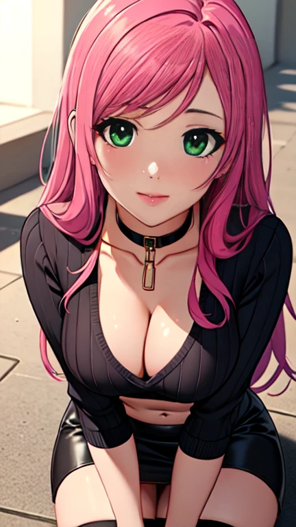 Masterpiece, raw, beautiful art, professional artist, 8k, art style by sciamano240, very detailed face, very detailed hair, 1 woman, perfectly drawn body, beautiful face, long hair, pink hair , very detailed green eyes , rosey cheeks, intricate details in eyes, playful smile, looking directly at viewer , in love with viewer expression, black chocker, lipstick, wearing cute fall clothes, ribbed orange crop sweater, short black pencil skirt, thigh boots, crouched down, sunny day fall, cleavage exposed