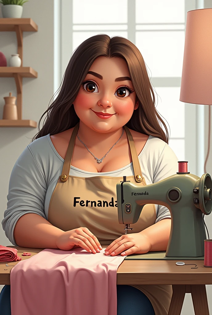Drawing of a chubby Brazilian woman seamstress in the studio, white, loose, long, straight brown hair and small eyes. Wearing an apron with the name Fernanda. White background.