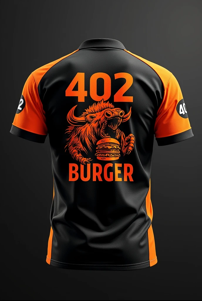 Design a uniform for my burger restaurant called 402 BURGER in black and orange, with the head of an animated buffalo or wild boar printed on the back of the shirt biting into a hamburger in a fun way and on the front our 402 BURGER logo