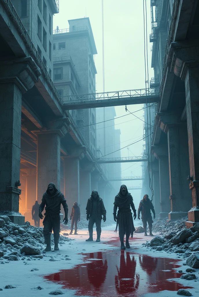 create an abandoned construction site, winter season, some blood and zonbies in the scene, severed arms and leg.