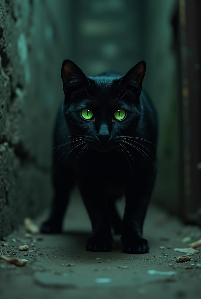 crow warning scared warning black cat with green eyes