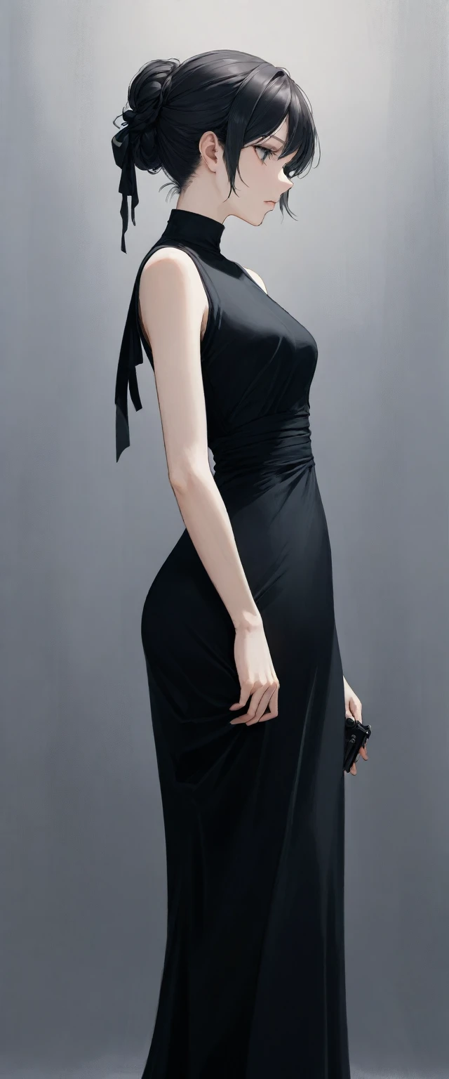 woman, 31 years old, solo, Expressionless, gun in hand, She is elegantly dressed in a long black dress., The hair is tied up in a bun at the top, The dress is very tight, The body line is clearly visible, 