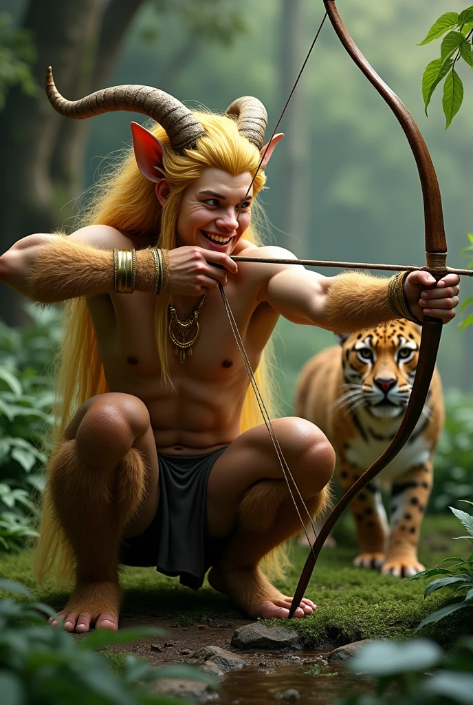 (photorealism) faun, Satyr, with furry legs and hooves. The fur on the legs is brown, there are golden spots on the fur, golden hooves. He has yellow hair down to his knees and very small deer horns.. He has a Korean appearance and faun ears.. He has gold rings in his ears.. it's smiling. He squats in a thicket of ferns and shoots an arrow from a bow.. Next to him, a kind jaguar.