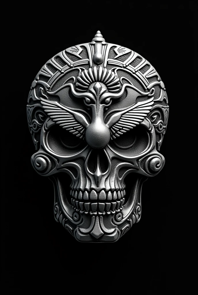 Skull-shaped medal with a Mictlan hummingbird with Aztec culture motifs and a marigold flower under its beak and wings, all in silver and a black background.