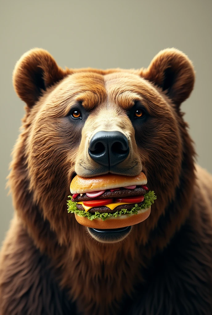 Design the face of a bear with a hamburger in the middle of its mouth and only the front face showing the teeth and the face being frontal