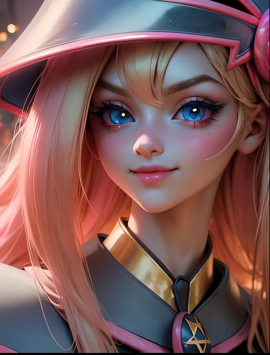 Create the beautiful face of dark magician gils. blue eyes. Extra long eyelashes. Thick Eyelashes. big eyelashes. pink lips. Tez blanca. blond hair. Tender girl smile.  dark wizard gils 